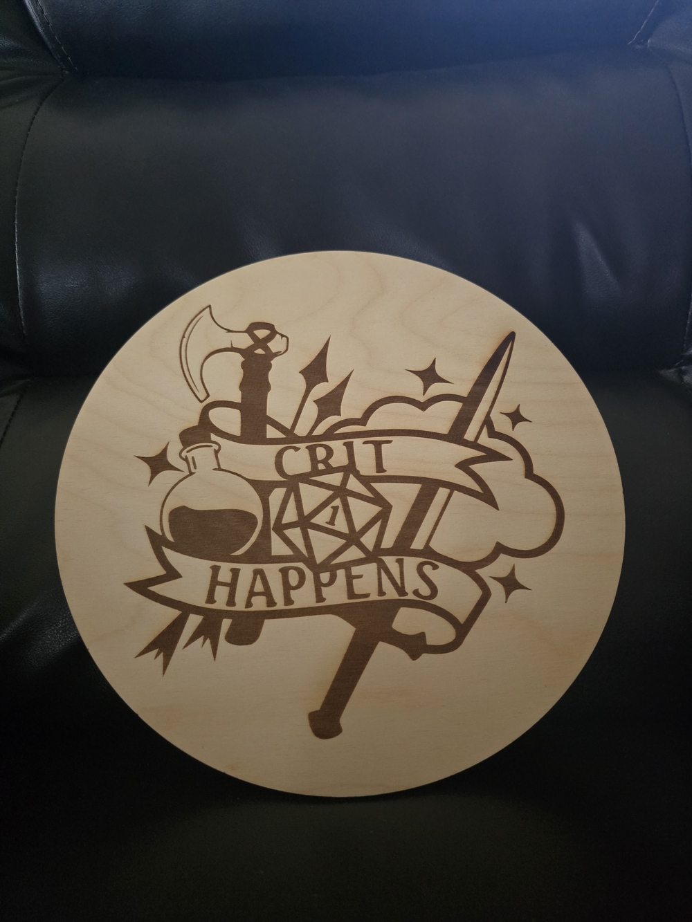 Round Wooden Wall Art - 'Crit Happens' RPG Design